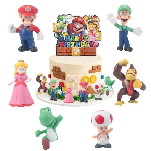 7 Stück Tortendeko Mini Figuren Set mit 6 Stück Mini Figuren und 1 Stück Happy Birthday Kuchendecko Super Cartoon Cupcake Deko für Kinder Geburtstagsfeiern