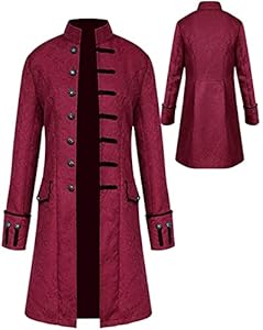 Halloween Kostüm Herren Steampunk Mantel, Männer Gothic Mittelalter Karneval Jacke, Viktorianischen Gehrock Uniform Smoking Retro Langer Button Kleidung(Rot,L)