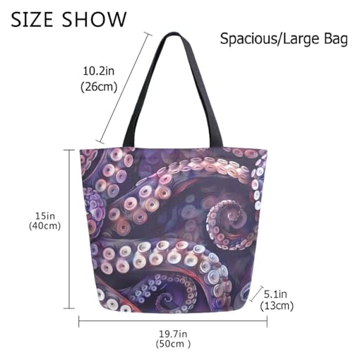 Chic Extra Large Shoulder Grocery Tote Bag, Lifelike Tentacle Of Octopus Purple Canvas Daily Handle Bag for Gym Yoga Weekender Beach Travel Picnic Kitchen Reusable Market Shopping4