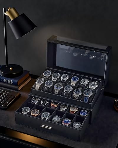 Image of ProCase Watch Box for Men, 24 Slots Watch Display Holder with Clear Acrylic Top, Large Capacity PU Leather Case with Drawer Organizer, Jewelry Storage, Ideal Gift for Men Women -Black