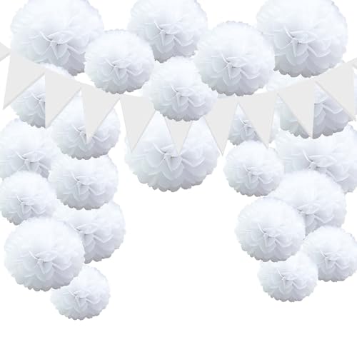 25 Pièces Decoration Blanche pour Mariage, FORMVERSITY Decoratif Papier Fleur Pompoms, Décoration Anniversaire Fille, Décoration pour Mariage Anniversaire...