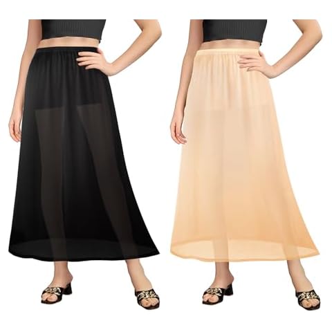 Girstunm 2 Pieces Women's Half Slips Satin Long Dress Petticoat Bottom Skirt Extenders Anti-Static Long Underskirt 31'' Black & Champagne Medium Cover