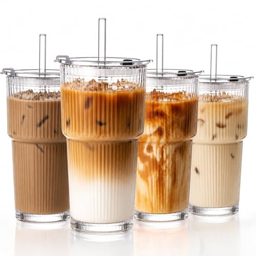 GOSCHE 20oz Glass Tumblers with Straws and Lids Ribbed Iced Coffee Cups Leak-proof Dishwasher Safe Thickened Glass Cups with Lids Ideal for Coffee and Travel Clear 4 Pack