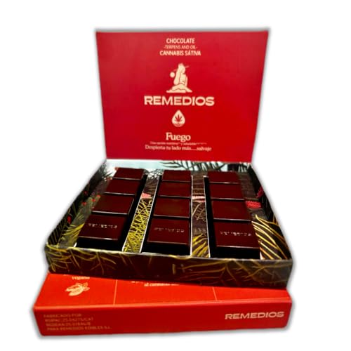 Chocolate Cannábico Remedios FUEGO – 3 Lingotes de Chocolate Negro con Gianduja y Crispy de Frambuesa (120 g)