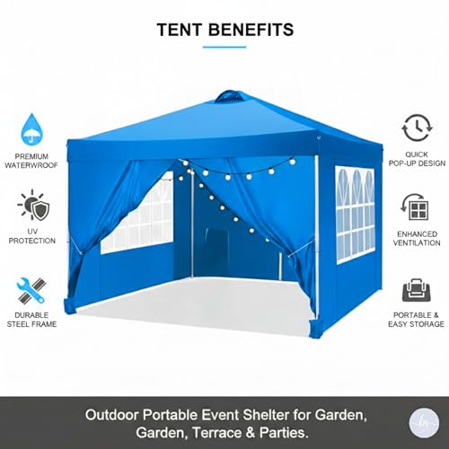 Image of PERGOLA Design 10x10 Heavy Duty 30KG Canopy Tent with Window Side Walls & Curtains | Premium Waterproof Pop Up Gazebo Outdoor Portable Event Shelter for Garden, Terrace & Parties (Blue)