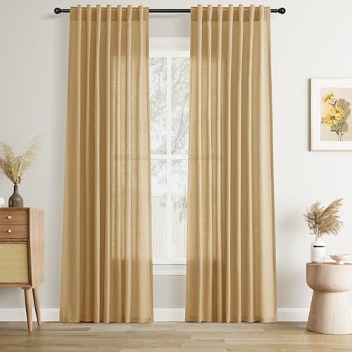 Image of Joywell Linen Curtains 90 Inches Long for Living Room Gold Yellow
