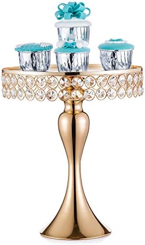 NUPTIO Gold Cake Stand Mirrored: 25cm Diameter Wedding Cake Stands Dessert Display Plate Pedestal Metal with Crystal Beads for Birthday Baby Shower Party Cupcake Afternoon Tea Cakes Dessert Table