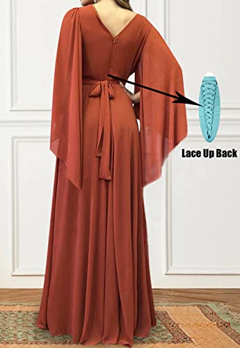 Women's Long Sleeve Bridesmaid Dresses V-Neck Chiffon Ruched Formal Dress Evening Gown with Slit2