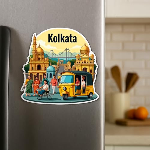 Image of Naxon Kolkata City Theme Souvenir Wooden Fridge Magnet for Refrigerator - Printed Fridge Magnet for Kitchen & Home Decor | Perfect Souvenir Gift | Size 3x3 in | Pack of 1