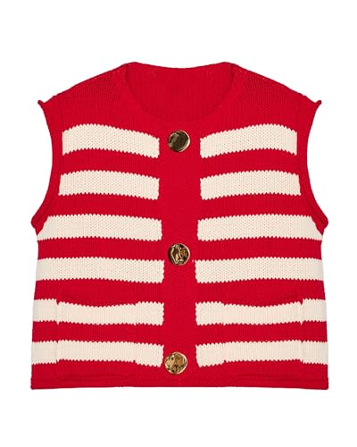Locachy Women's Gold Button Down Striped Sweater Vests Crew Neck Sleeveless Knit Crop Tank Tops