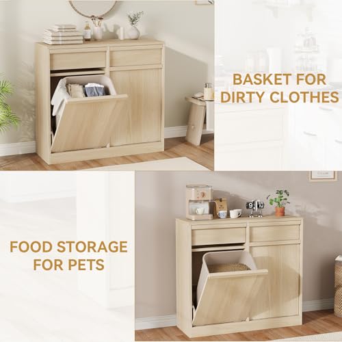 GarveeHome Double Tilt Out Trash Cabinet, Modern Trash Cabinet with 20 Gallon Storage, Hidden Freestanding Garbage Can Cabinet Laundry Hamper for Kitchen Dining Living Room
