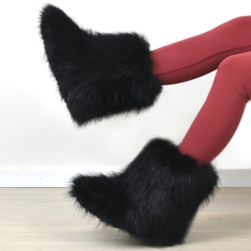 Image of Fashion Fur Boots,Flat Heel Comfy Plush Warm Snow Booties,2025 Winter Outdoors Furry Boots,Mid-Calf Faux fur Boot for Women.