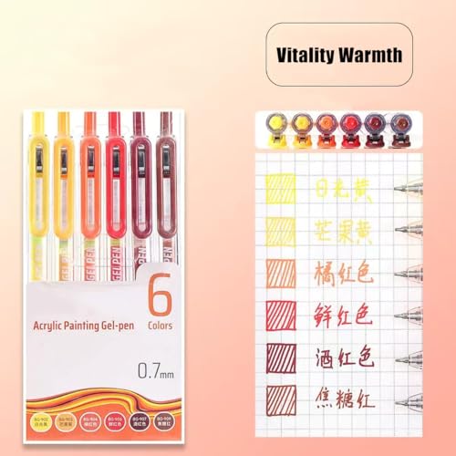 Corpapen 6 Pcs Acrylic Gel Pens 0.7mm Quick Dry Colorful Fine Point Smooth Writing Ballpoint, Office for Coloring, Black Paper, Drawing, Journaling, Note Taking, School Supplies, Vibrant Warm Colors