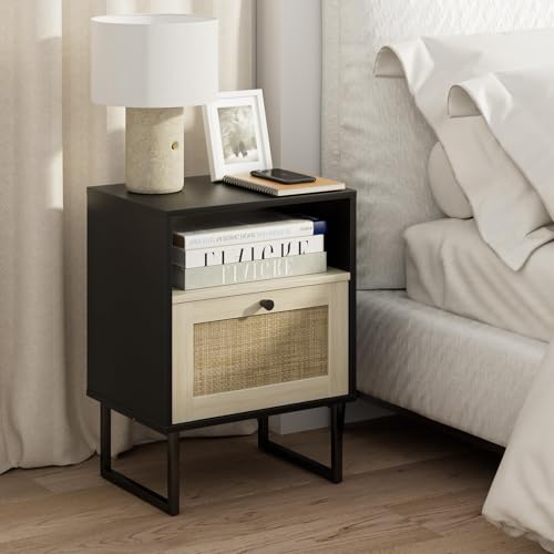 Image of Masupu Boho Night Stand, Small Rattan Side Table, Wood Nightstand with Drawer and White Oak Shelf, Bedside Table, End Table for Bedroom,Living Room,Office (Black Frame)