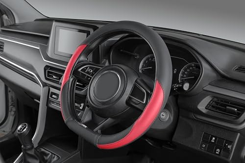Image of SOFT X Flat Bottom Faux Leather Car Steering Wheel Cover Breathable & Anti Slip D Shape Steering Cover for Untlimate Comfort & Style (Red & Black)