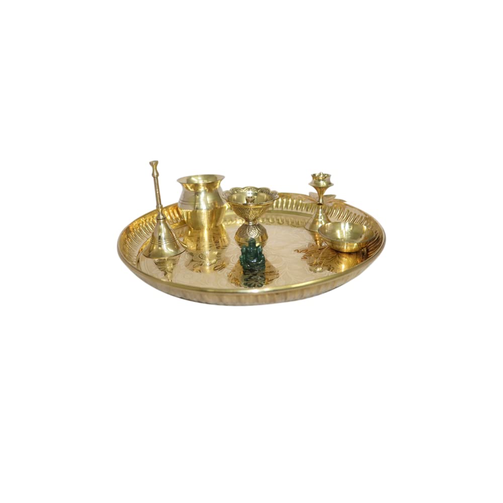 Pooja Thali Set mit 5 indischen dekorativen Puja-Artikeln, Aarti-Teller für Tempel, Hochzeit, Heimdekoration, Mandir, Messing, Tika Thali, Diwali, Dekorationsgeschenke