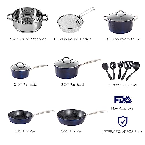Kitchen Academy 15 Pieces Non-Stick Cookware Set, Nonstick Induction Granite-Coated Pot Pan Set, Includes Lids, Frying and Pans Accessories - Aluminium Hammered Blue