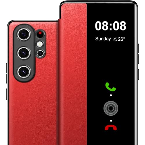 Coque Samsung S26 Ultra étui rabat transparent cuir rigide anti-rayure rouge