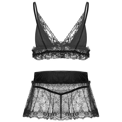 Men's Floral Lace Sissy Lingerie Wire-Free Bra Top with Skirt Thongs Crossdress Pajamas Sleepwear2