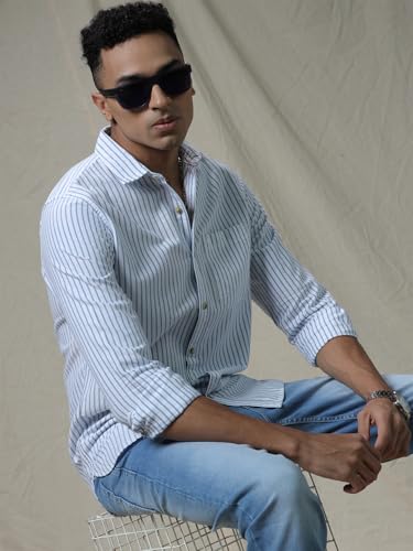 Image of WROGN Men's 100% Cotton Shirt | Striped Design | Slim Fit