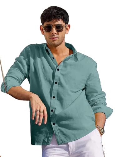 Image of Men's Linen Cotton Casual Shirt | Regular Fit Plain Shirt for Men | Long Sleeve Shirt for Casual & Formal Wear