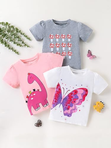 Girls Short-Sleeve T-Shirts Butterfly Dinosaur Mushroom Cute Tops Pack of 32