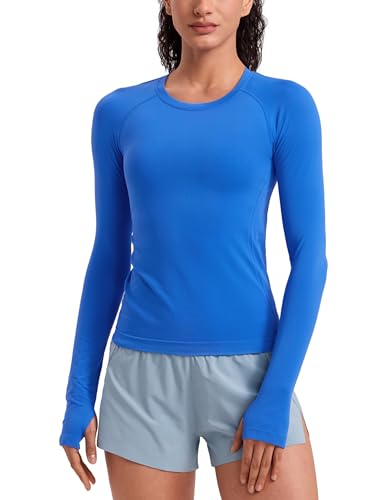 CRZ YOGA Seamless Long Sleeve Shirts for Women Waist Length - Workout Athletic Running Gym Yoga Tops Crewneck Breathable Sparkle Blue Small