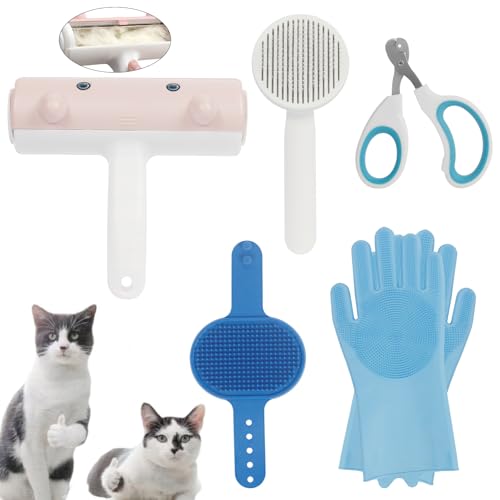 Image of Pet DeShedder & Cat /Dog Brush - 5-Piece Grooming Kit with Cat Nail Clipper & Bath Massage Brush