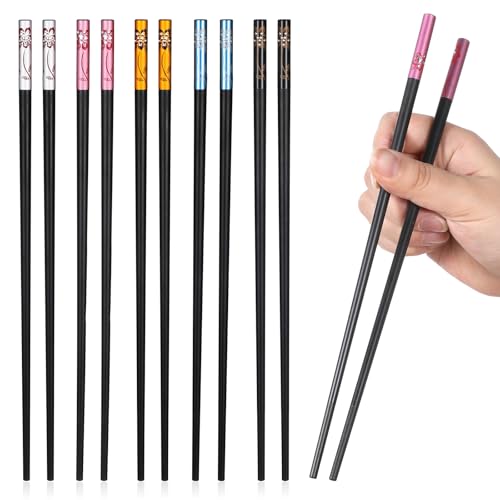 5 Pairs Chopsticks Reusable Fancy Chopsticks Non Slip Dishwasher Safe Fiberglass Chinese Chop Sticks Set for Sushi Noodles Rice