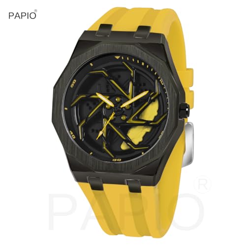Image of PAPIO Men's Sports Watch, Black Case with Interchangeable Silicone Straps, Geometric Pattern Dial, Multiple Colors Available