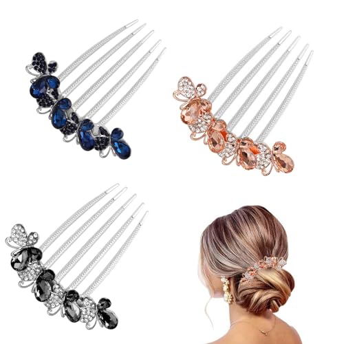 DHWEKU Strass Haarkamm Haarschmuck Kamm 3 Stück Schmetterlinge und Blumen Haar Steckkamm mit Strass 3 Farben Braut Haarschmuck Haare Seitenkamm für Frauen und Mädchen