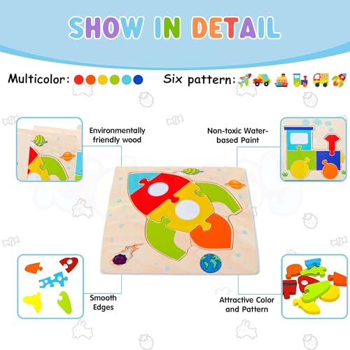 Image of Kidology 3D Wooden Puzzle Learning Toy Set for Toddlers - 6 Vehicle Shape Puzzles Blocks, Educational Fun Playset - Color & Shape Recognition Montessori Toy for Kids