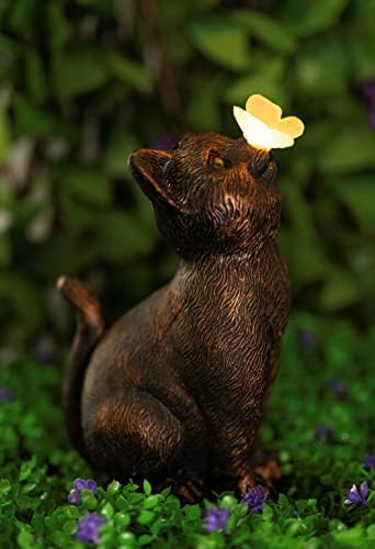 garden mile Resin Cat Statue Garden Ornaments Outdoor with Solar Butterfly Durable Kitten Kitty Garden Animal Statue Weatherproof Sculptures for Garden Patio, Pond, Bedding Décor Outdoor Solar Lights