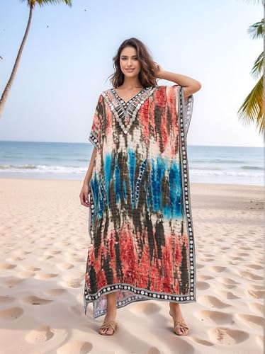 Image of IMAGEKOPE Kaftan Dresses for Women Plus Size Bathing Suit Cover up Vneck Batwing Dress Loose fit Moroccan Caftan mumu Dresses