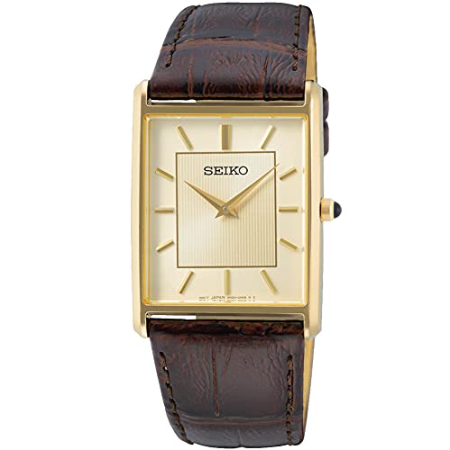 Men's Wristwatch, Square Design, Quartz, Champagne Gold Dial x Brown Leather Band - SEIKO SWR064