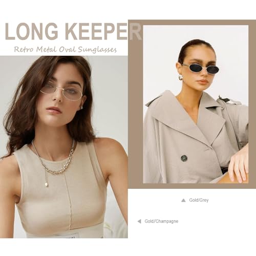 Long Keeper Retro Metal Oval Sunglasses for Women Men Trendy 70s Sardine Sun Glasses Slim Oval Shades Gold Metal Frame UV4003