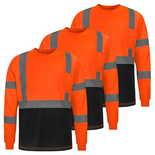 DPSAFETY Hi Vis Safety Shirts，High Visibility Long Sleeve shirts with Reflective Strips and Pocket, Quick Dry Mesh Construction Class2 Work Shirt for Men/Women Orange 3pk 2XL