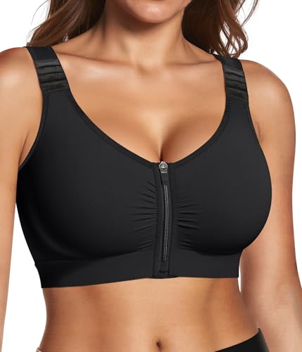 BRABIC Zip Front Closure Mastectomy Bras for Women Post Surgery Compression Everyday Surgical Wireless Wide Adjustable Straps(Black Medium)