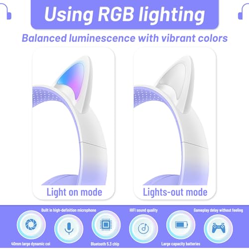 Image of Cat Ear Bluetooth Kids Headphones, LED Lights, Safe Volume, Foldable | Safe 85dB volume limit, Bluetooth 5.0, LED cat ears, built-in mic, TF card slot, foldable & adjustable for ages 3-12