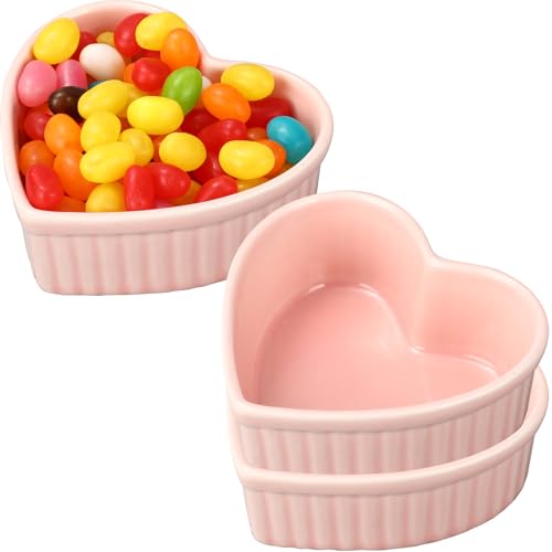 Lot de 3 ramequins en céramique en forme de cœur pour la Saint-Valentin, 170 g, passent au four, petits ramequins de cuisson pour cuisine, fête, goûter, sauce, condiments (rose)