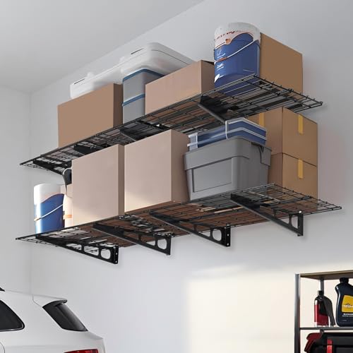 Image of 2 Packs Garage Wall Shelving, 72 inchx 24 inch Heavy Duty Wall Shelf Capacity 800LBS Total, Wall Mounted Storage Shelves with Hooks