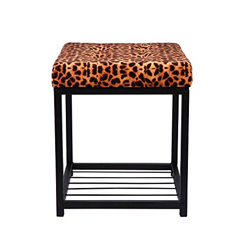 Square Leopard Print Vanity Stool with Metal Frame, Cute Tufted Upholstered Bench Animal Ottoman Stool for Living Room Bedroom,17 inch