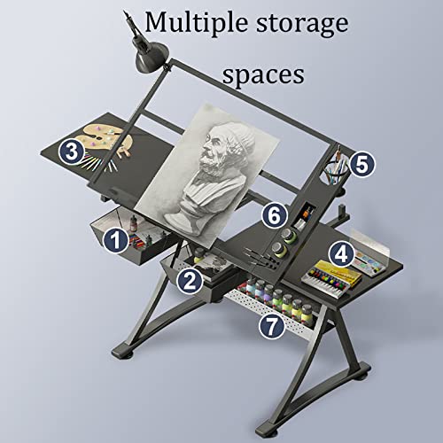 Adjustable Height Drawing Table, Drafting Table, Tiltable Drawing Tabletop with Tempered Glass, Drawing Table Artist Desk
