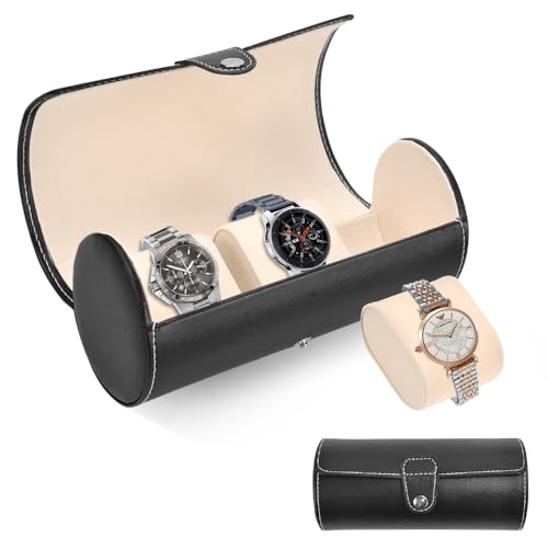 DIKEBAO Estuche de Viaje para Relojes Hombre Funda Relojes Viaje Tres Compartimentos para 3 Relojes con Almohadillas Cajas Para Guardar Relojes Estuche Organizador de Relojes Negro con Botón de Cierre