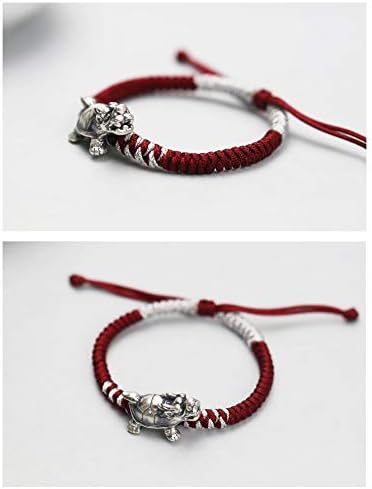 Vista 2 de Feng Shui - Pulsera de riqueza de tortuga de dragón tibetano 999, pulsera de plata pura estilo chino rojo antiguo auspicioso brazalete de la suerte