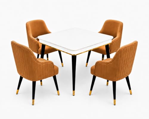 Image of WOODEN SPACE 4 Seater Wooden Dining Table Set | Urban Marble Top Dining Table with Chairs for Dining Room & Kitchen (Modern Zyro Mustard) (42 x 42 x 30 inch)