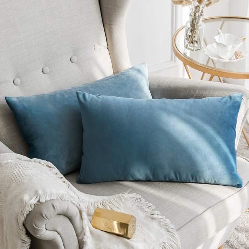 Image of MIULEE Velvet Throw Pillow Covers 12x20 Inch, Pack of 2 - Light Blue, Soft Solid Lumbar Decorative Pillow Covers Modern Luxury Home Decor for Spring Couch Sofa Bedroom Livingroom