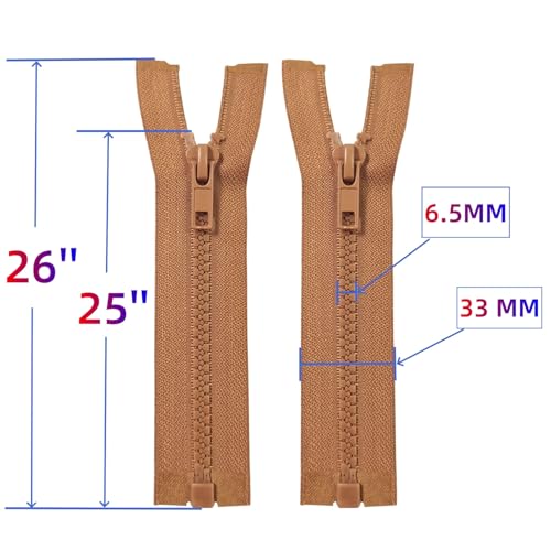 Image of MebuZip 2PCS #5 25 Inch Separating Jacket Zippers for Sewing (Brown) | Resin Zipper Molded Plastic Zippers Bulk for Sewing Jackets Coats Clothes