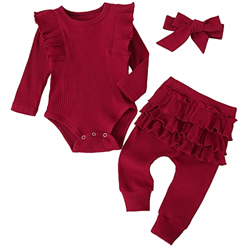 Image of Fullfamous Baby Girl's 3pc Rib Frill Long Sleeve Romper and Pant Set