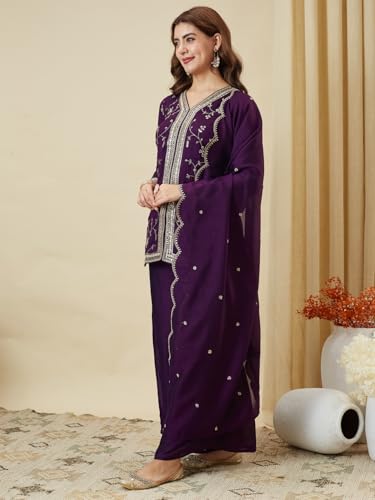 Image of MOKOSH Women's Silk Embroidery Kurta Sharara with Dupatta | Kurta Set | V Neck Full Sleeve Ethnic Suit | Indian Kurta Outfit with Sharara |3 Piece Outfit